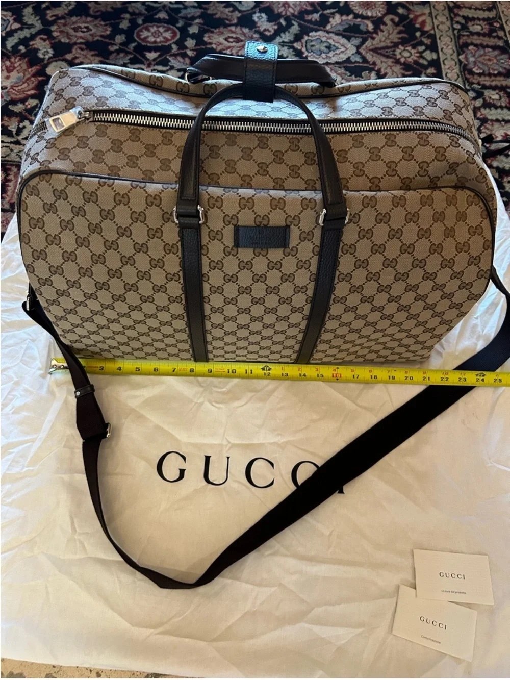 Gucci Brown GG Supreme Canvas Weekender Travel Bag with Dark Brown Trim